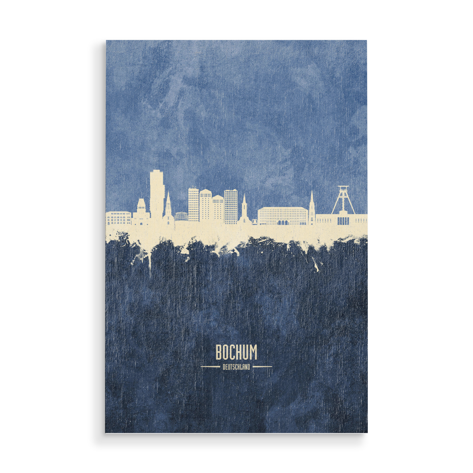Holzbild "Bochum Germany Skyline Navy" artboxONE - Städte - Bochum,Deutschland,Skyline,Cityscape,Stadtbild,Watercolor,Painting,City,Stadt,Germany