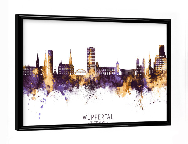 Poster mit schwarzem Rahmen "Wuppertal Skyline PurpleGold" artboxONE - Städte