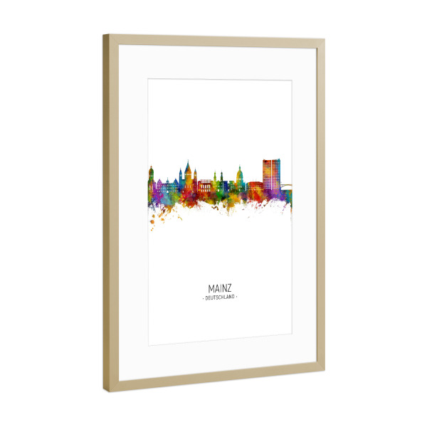 Poster mit Rahmen Gold "Mainz Germany Skyline Portrait" artboxONE - Städte