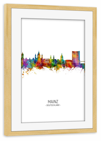 Poster mit Rahmen kiefer "Mainz Germany Skyline Portrait" artboxONE - Städte