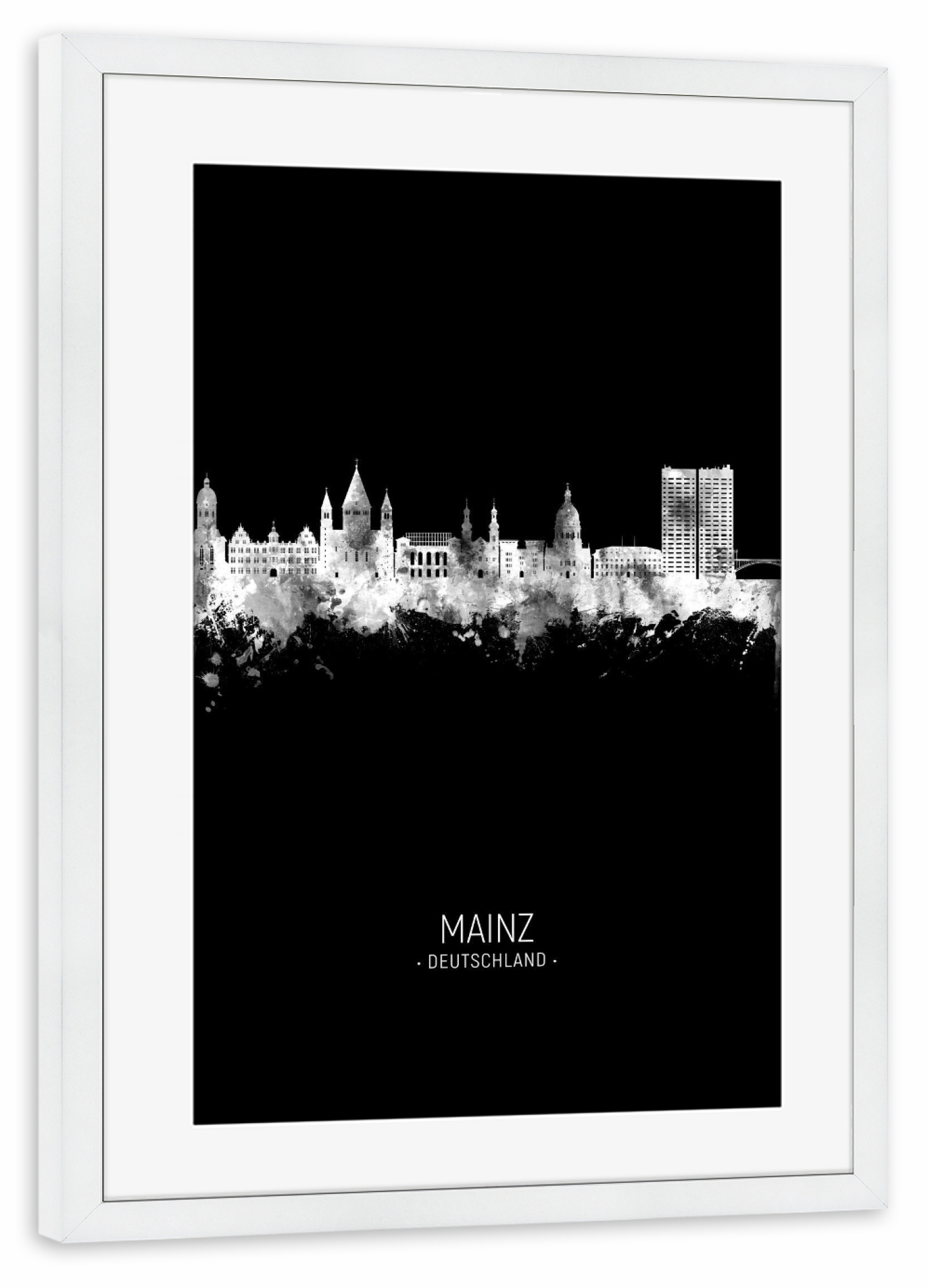 Poster mit Rahmen weiß "Mainz Germany Skyline Invert" artboxONE - Städte,Schwarzweiß