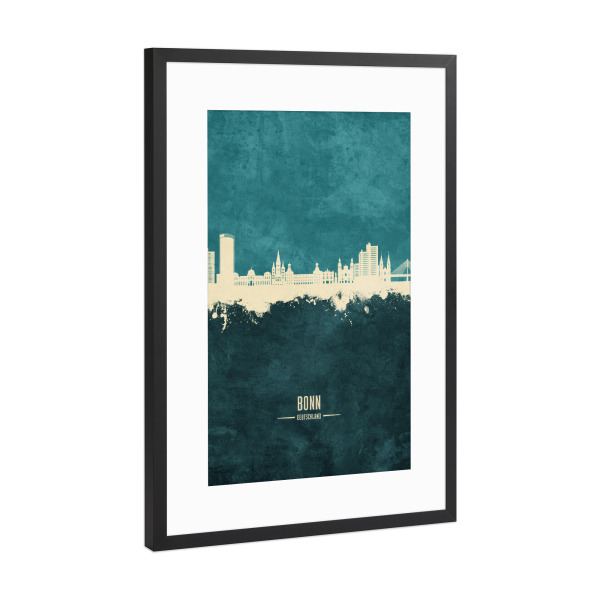 Poster mit Rahmen Schwarz (Metallic) "Bonn Germany Skyline Turquoise" artboxONE - Städte