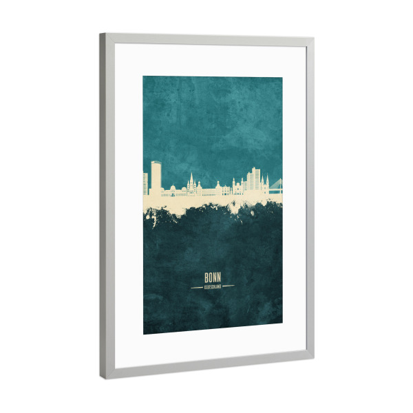Poster mit Rahmen Silber "Bonn Germany Skyline Turquoise" artboxONE - Städte