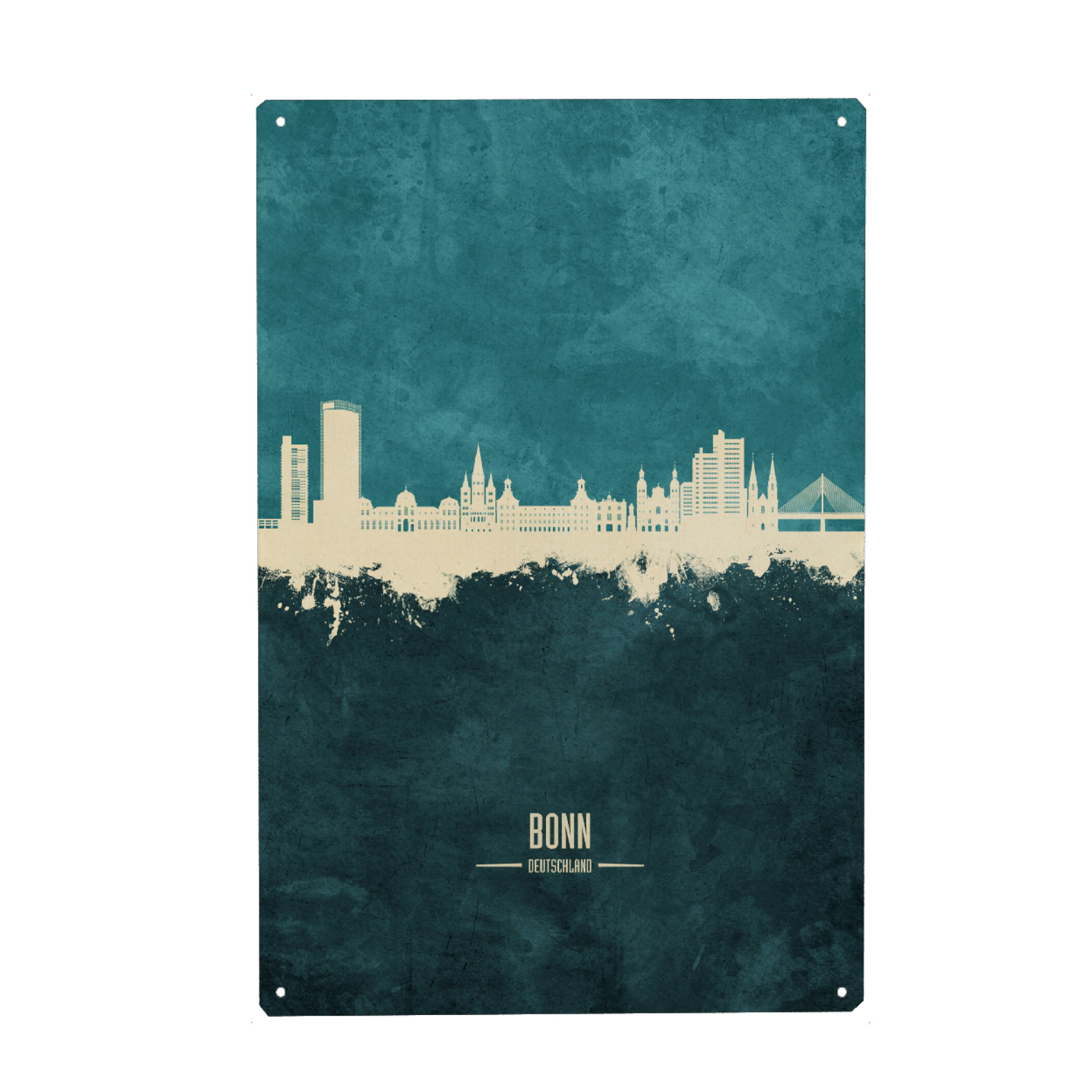 Holzbild "Bonn Germany Skyline Turquoise" artboxONE - Städte - Bonn,Deutschland,Skyline,Cityscape,Stadtbild,Watercolor,Painting,City,Stadt,Germany