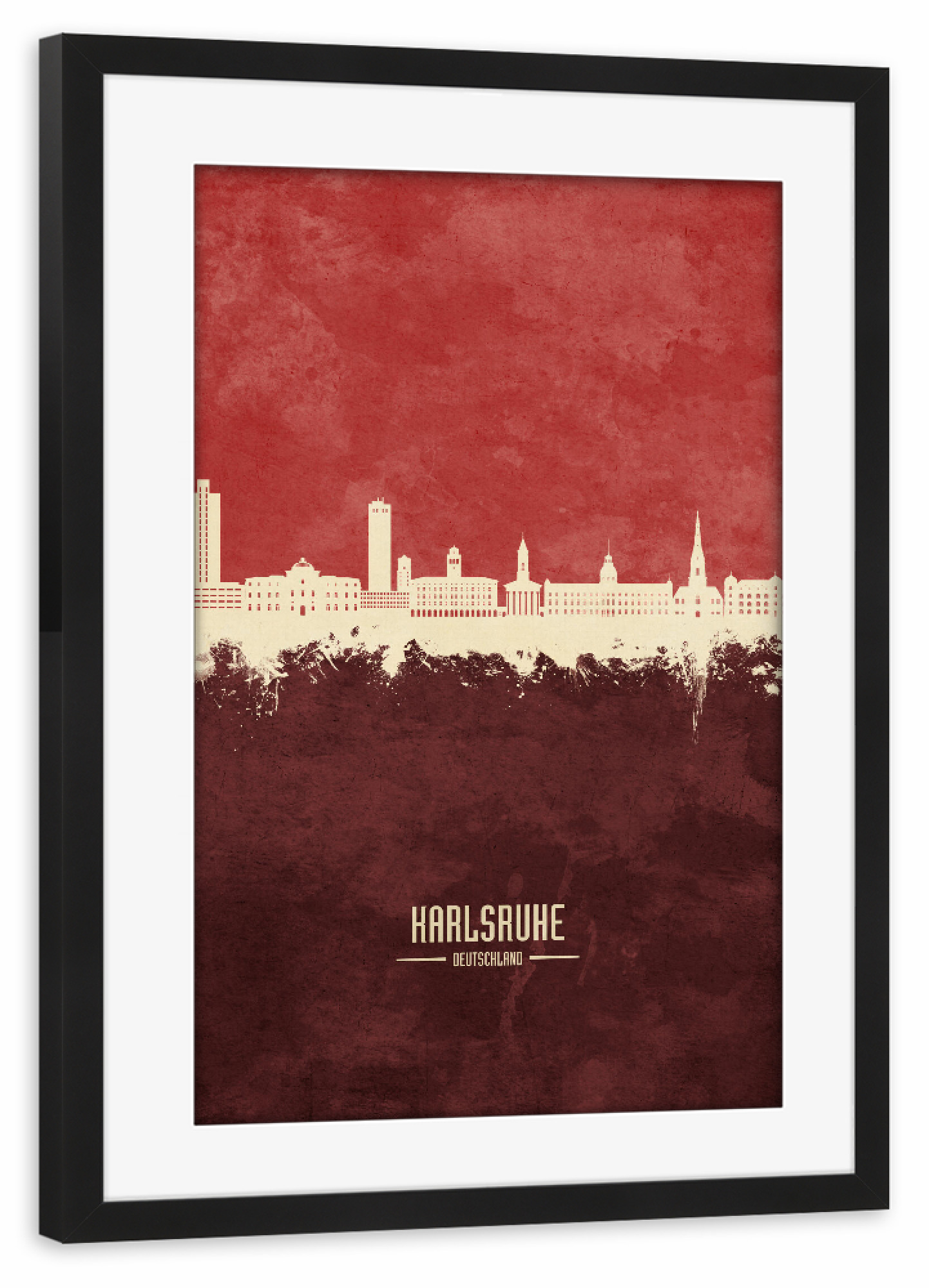 Poster mit Rahmen schwarz "Karlsruhe Skyline Dark Red" artboxONE - Städte