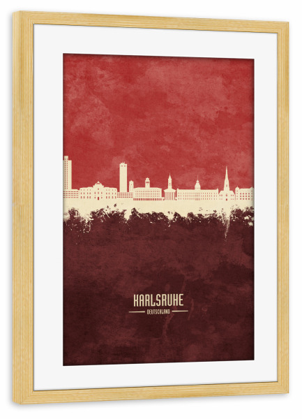 Poster mit Rahmen kiefer "Karlsruhe Skyline Dark Red" artboxONE - Städte