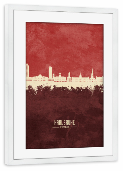 Poster mit Rahmen weiß "Karlsruhe Skyline Dark Red" artboxONE - Städte