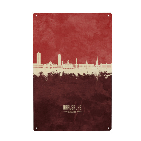 Holzbild "Karlsruhe Skyline Dark Red" artboxONE - Städte - Karlsruhe,Deutschland,Skyline,Cityscape,Stadtbild,Watercolor,Painting,City,Stadt,Germany