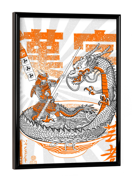 Poster mit schwarzem Rahmen "Samurai vs Dragon over ramen" artboxONE - Tiere,Comic,Städte / Tokio