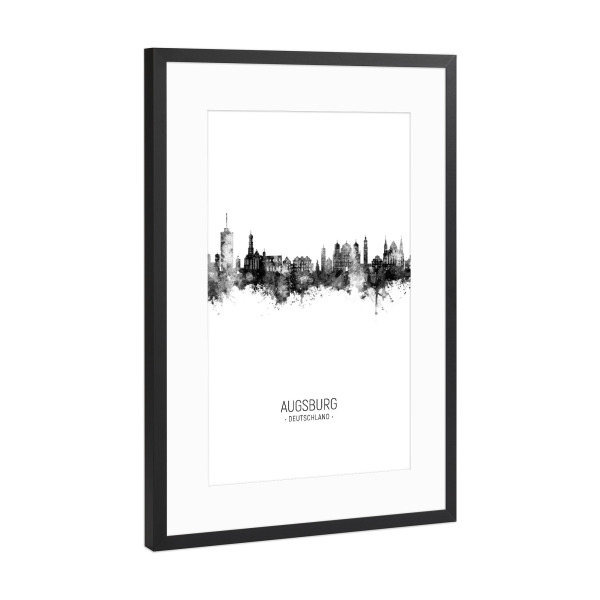 Poster mit Rahmen Schwarz (Metallic) "Augsburg Germany Skyline BW" artboxONE - Städte