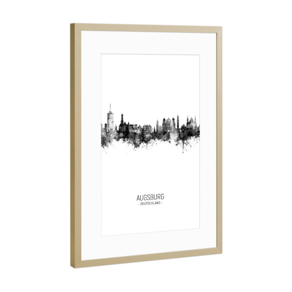 Poster mit Rahmen Gold "Augsburg Germany Skyline BW" artboxONE - Städte