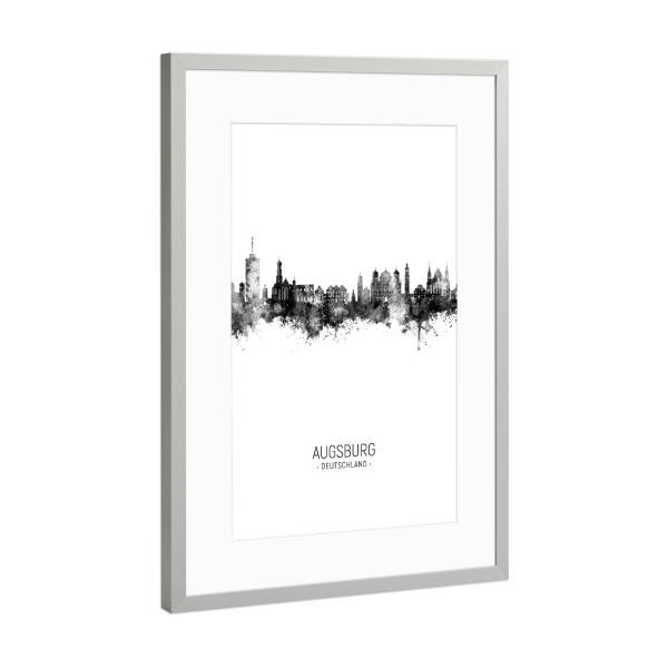Poster mit Rahmen Silber "Augsburg Germany Skyline BW" artboxONE - Städte