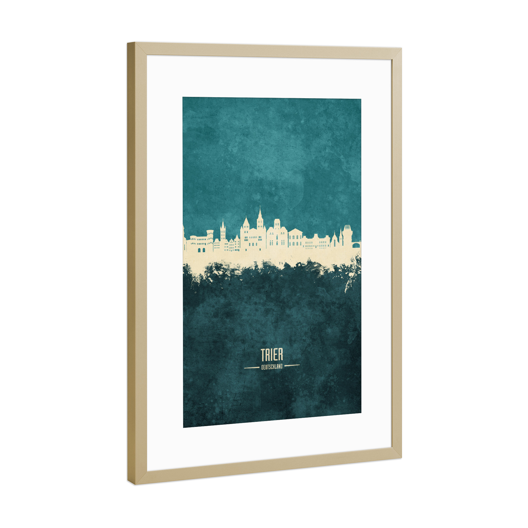 Poster mit Rahmen Gold "Trier Germany Skyline Turquoise" artboxONE - Städte
