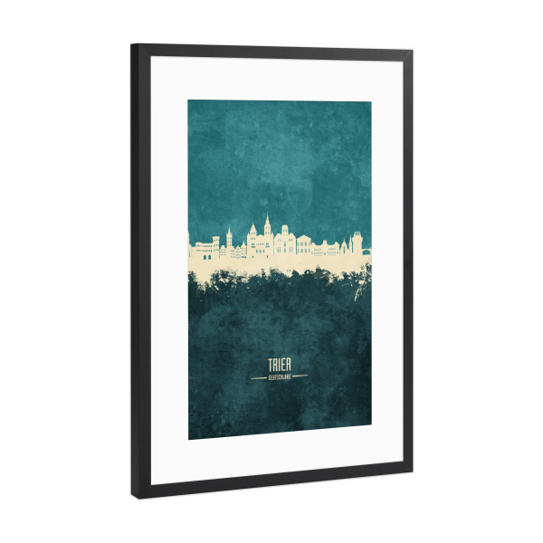 Poster mit Rahmen Schwarz (Metallic) "Trier Germany Skyline Turquoise" artboxONE - Städte