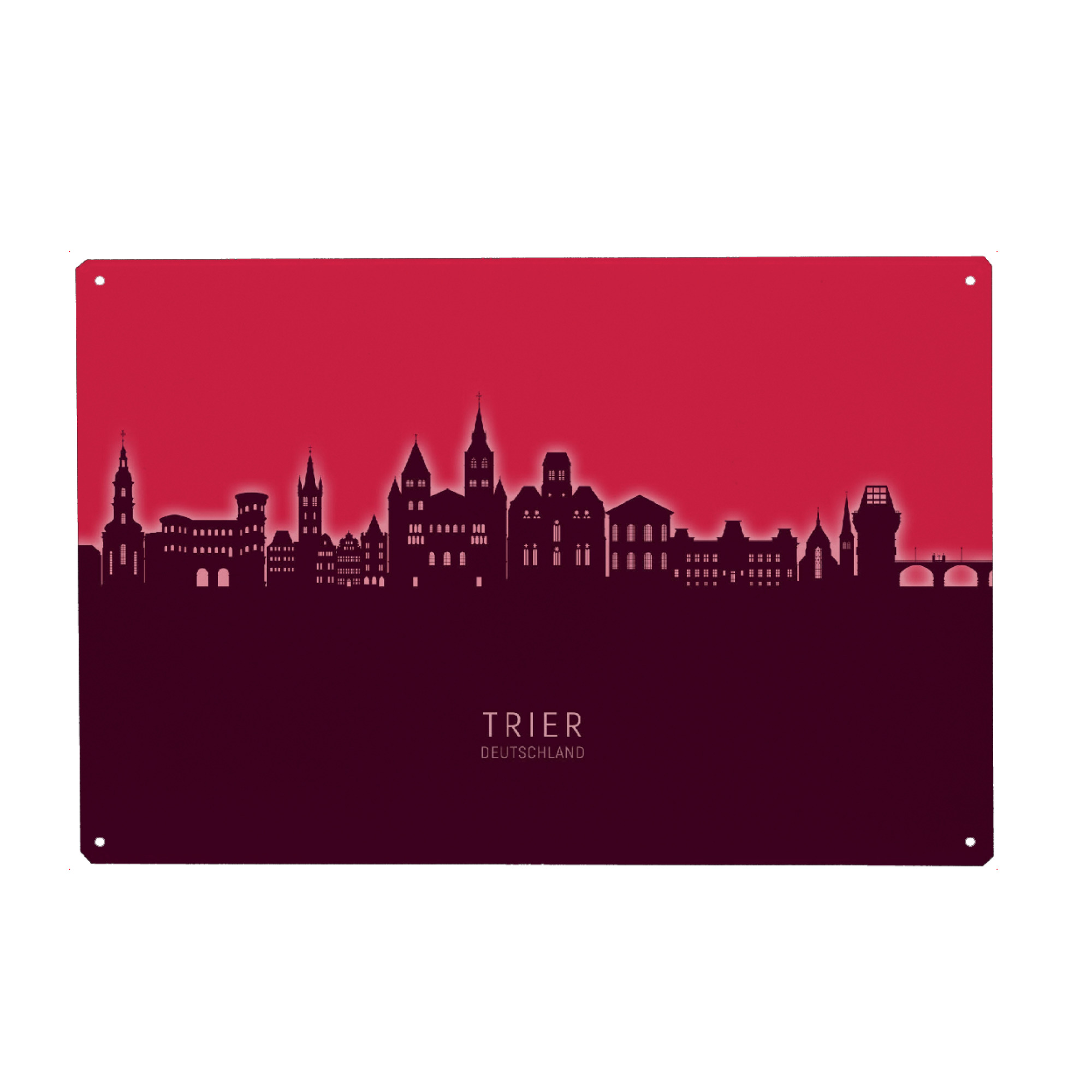 Holzbild "Trier Germany Skyline Glow Red" artboxONE - Städte - Trier,Deutschland,Skyline,Cityscape,Stadtbild,Watercolor,Painting,City,Stadt,Germany