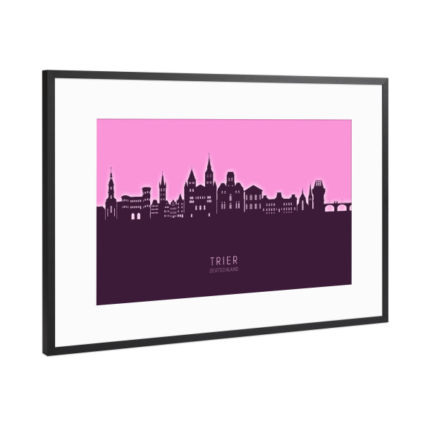 Poster mit Rahmen Schwarz (Metallic) "Trier Germany Skyline Glow Pink" artboxONE - Städte
