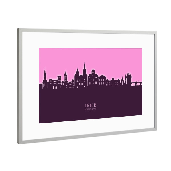 Poster mit Rahmen Silber "Trier Germany Skyline Glow Pink" artboxONE - Städte