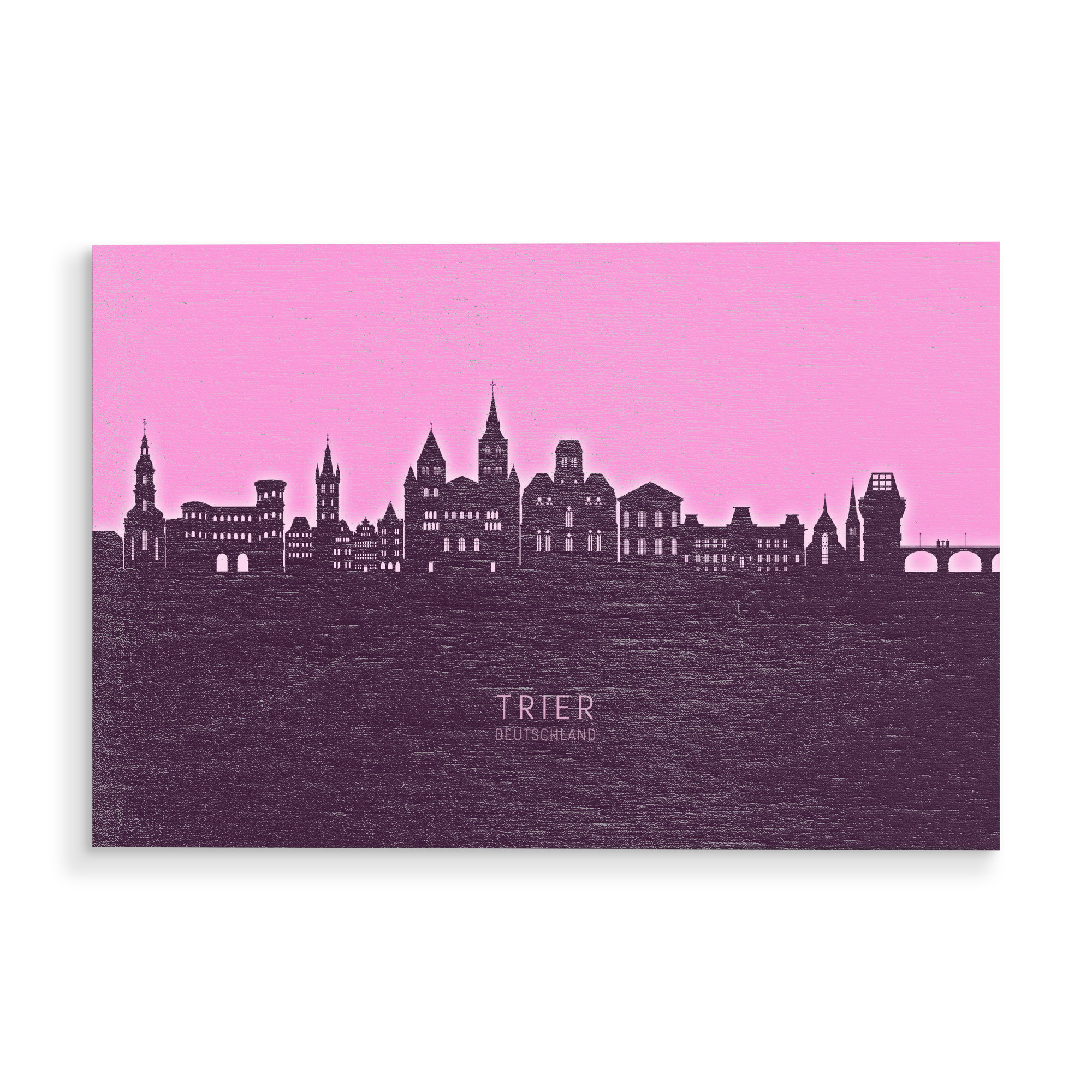Holzbild "Trier Germany Skyline Glow Pink" artboxONE - Städte - Trier,Deutschland,Skyline,Cityscape,Stadtbild,Watercolor,Painting,City,Stadt,Germany