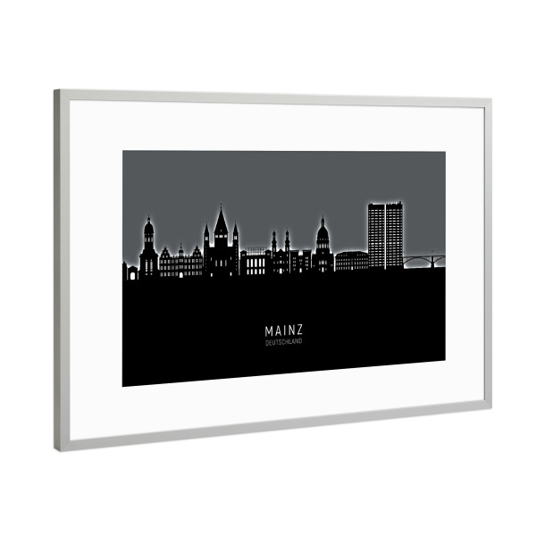 Poster mit Rahmen Silber "Mainz Germany Skyline Glow White" artboxONE - Städte,Schwarzweiß
