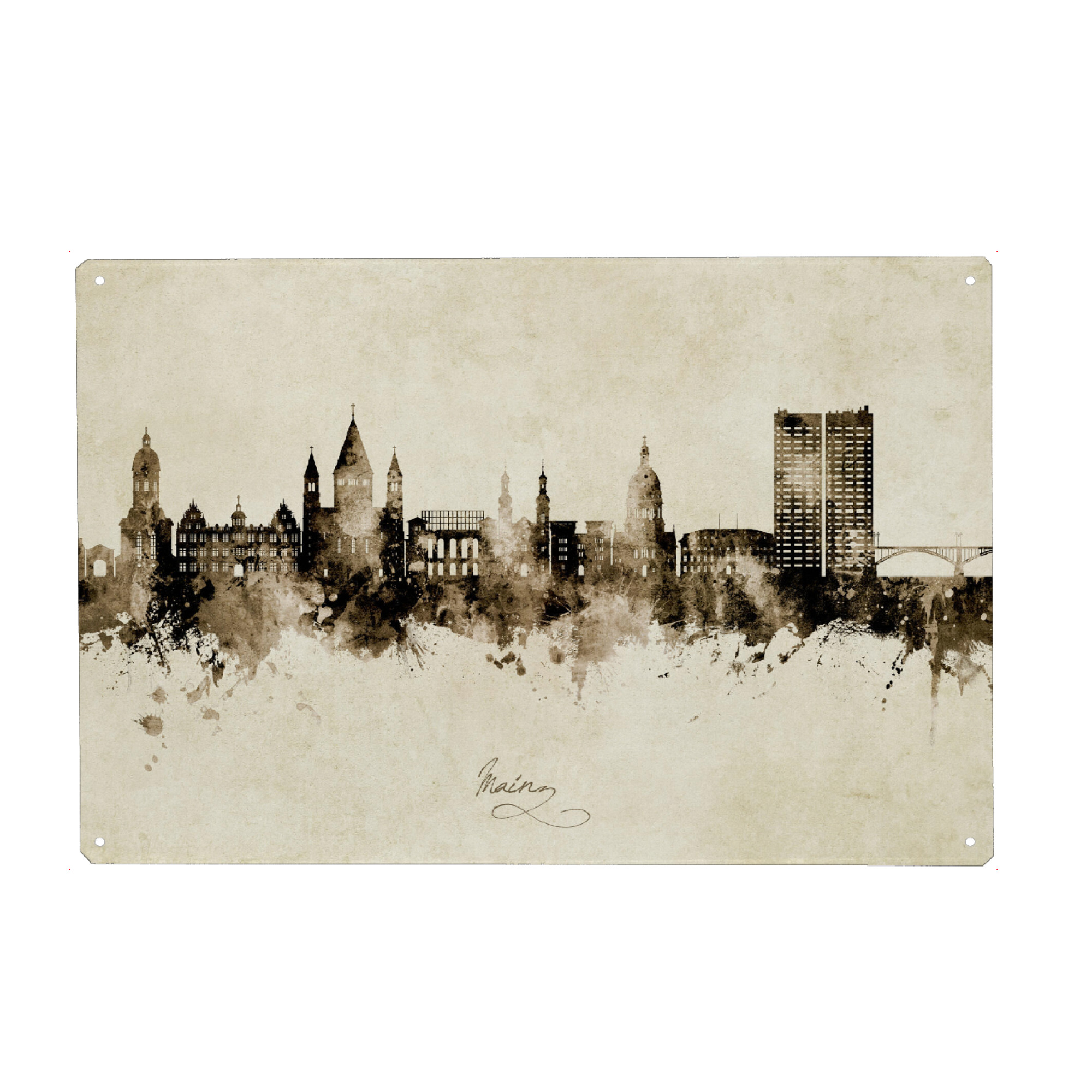 Metall Poster "Mainz Germany Skyline Sepia" artboxONE - Städte - Mainz,Deutschland,Skyline,Cityscape,Stadtbild,Watercolor,Painting,City,Stadt,Germany