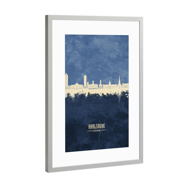 Poster mit Rahmen Silber "Karlsruhe Germany Skyline Navy" artboxONE - Städte
