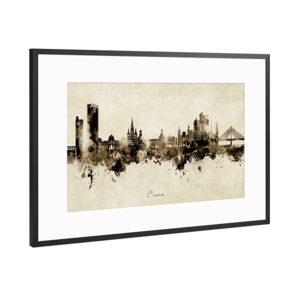 Poster mit Rahmen Schwarz (Metallic) "Bonn Germany Skyline Sepia" artboxONE - Städte