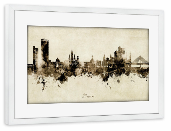 Poster mit Rahmen weiß "Bonn Germany Skyline Sepia" artboxONE - Städte