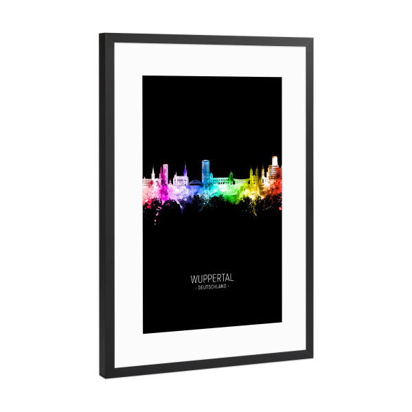 Poster mit Rahmen Schwarz (Metallic) "Wuppertal Skyline Colour Black" artboxONE - Städte