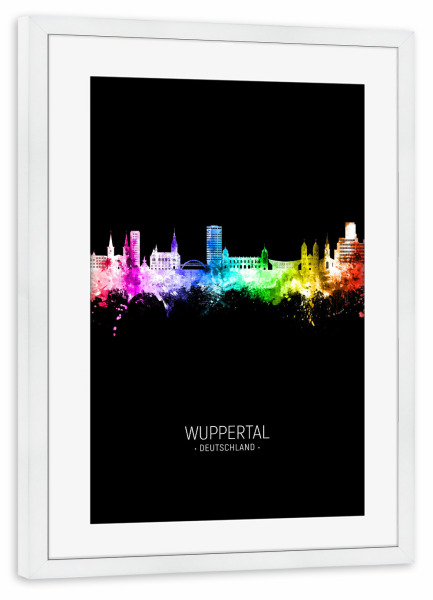 Poster mit Rahmen weiß "Wuppertal Skyline Colour Black" artboxONE - Städte