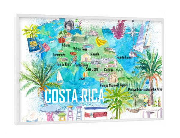 Poster mit weißem Rahmen "Costa Rica Illustrated Travel Map" artboxONE - Reise,Reise / Strand und Meer,Kartografie