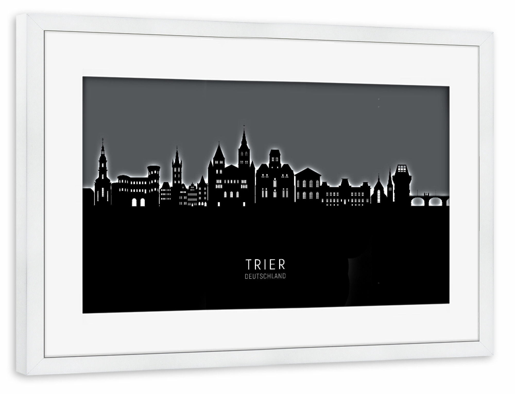 Poster mit Rahmen weiß "Trier Germany Skyline Glow White" artboxONE - Städte,Schwarzweiß