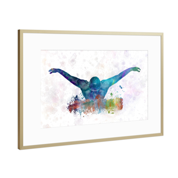Poster mit Rahmen Gold "Swimmer in watercolor-d" artboxONE - Sport