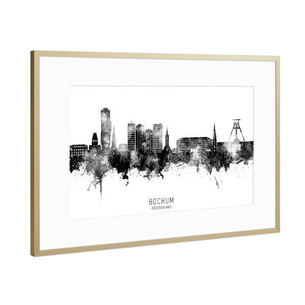 Poster mit Rahmen Gold "Bochum Germany Skyline BW Text" artboxONE - Städte,Schwarzweiß