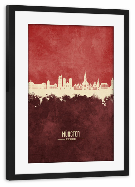 Poster mit Rahmen schwarz "Münster Germany Skyline Dark Red" artboxONE - Städte