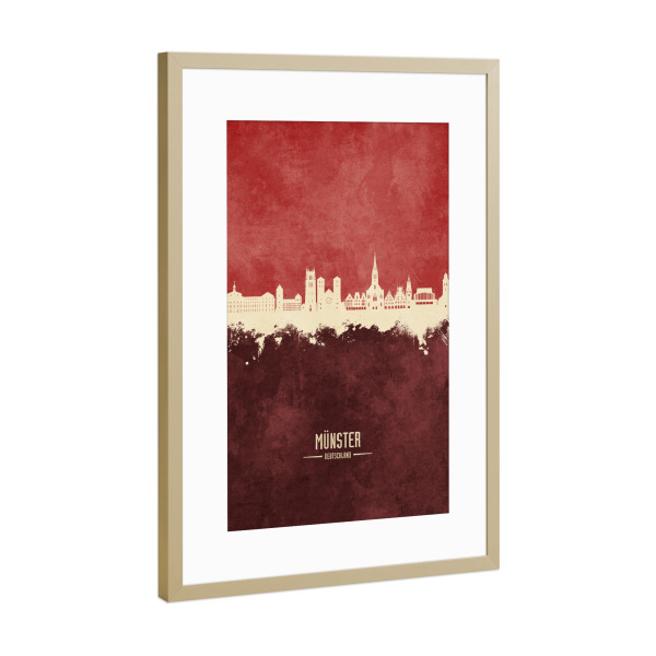 Poster mit Rahmen Gold "Münster Germany Skyline Dark Red" artboxONE - Städte