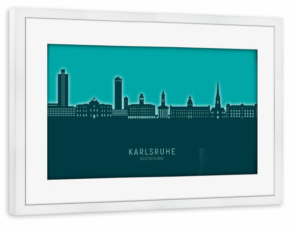 Poster mit Rahmen weiß "Karlsruhe Skyline Glow Teal" artboxONE - Städte