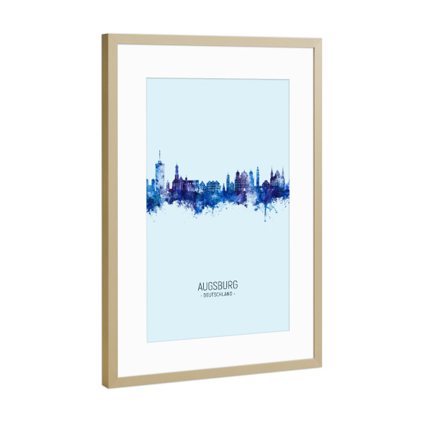 Poster mit Rahmen Gold "Augsburg Skyline Dark Blue" artboxONE - Städte
