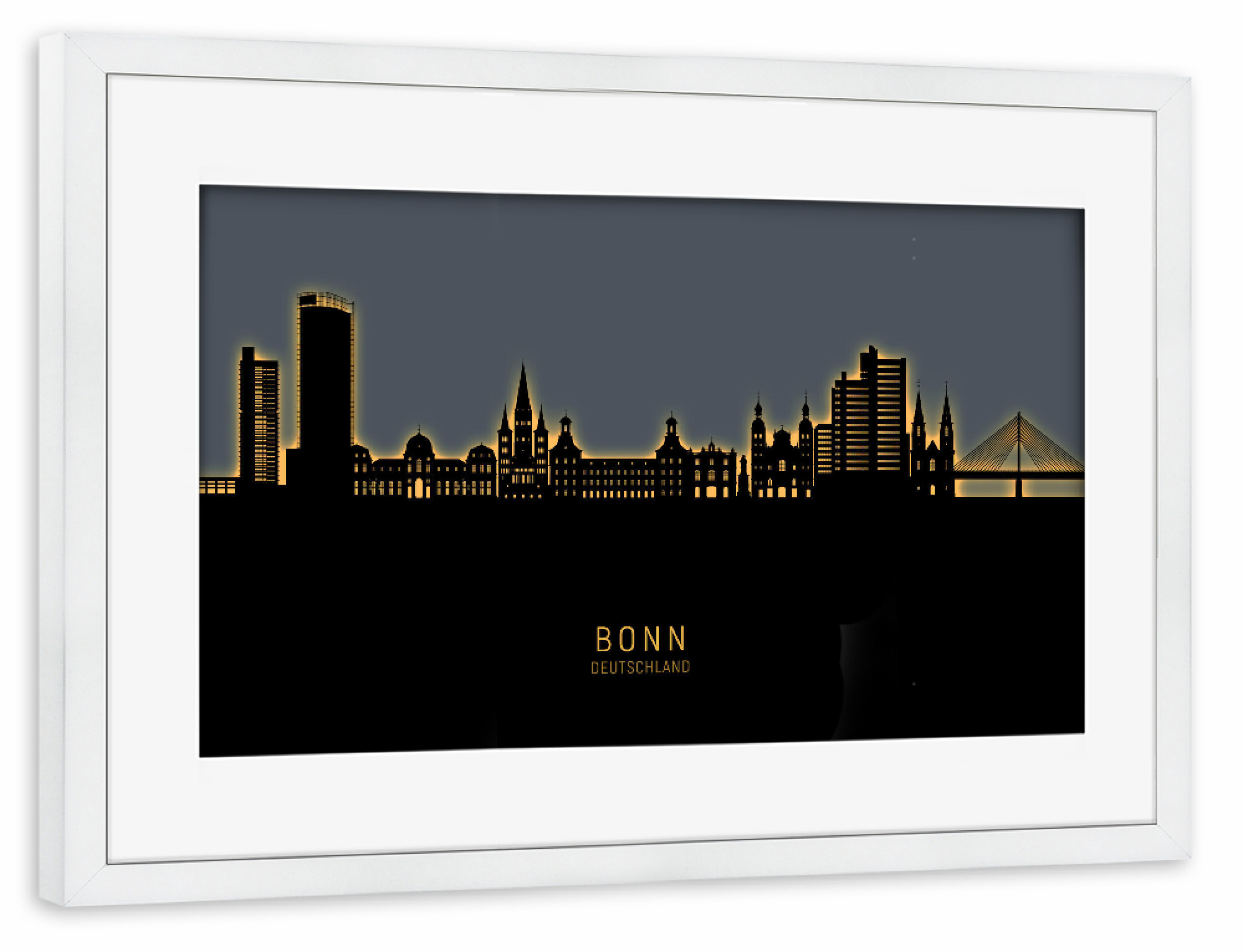 Poster mit Rahmen weiß "Bonn Germany Skyline Glow Orange" artboxONE - Städte,Schwarzweiß