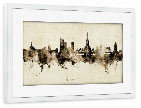 Poster mit Rahmen weiß "Münster Germany Skyline Sepia" artboxONE - Städte