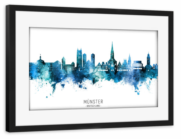 Poster mit Rahmen schwarz "Münster Germany Skyline Blue Name" artboxONE - Städte
