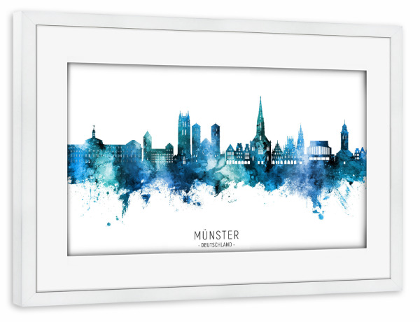 Poster mit Rahmen weiß "Münster Germany Skyline Blue Name" artboxONE - Städte