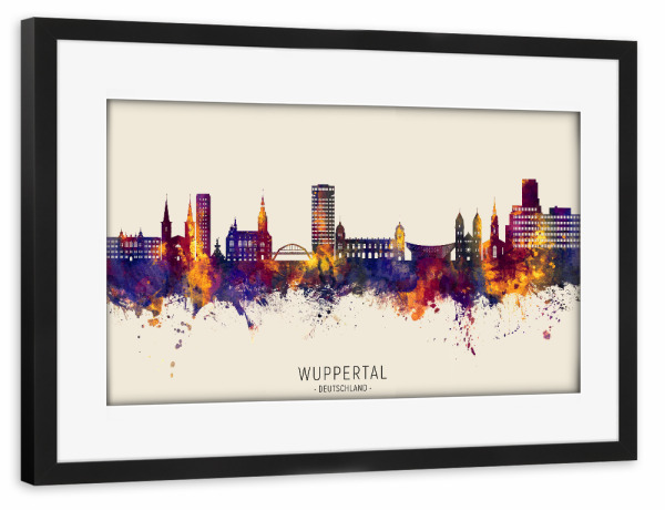 Poster mit Rahmen schwarz "Wuppertal Skyline Autumn Name" artboxONE - Städte