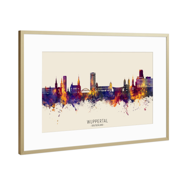 Poster mit Rahmen Gold "Wuppertal Skyline Autumn Name" artboxONE - Städte