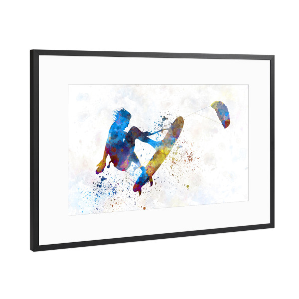 Poster mit Rahmen Schwarz (Metallic) "Surfer in watercolor" artboxONE - Sport