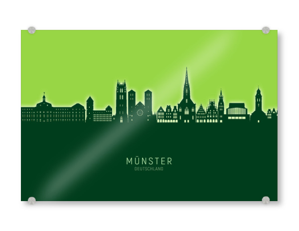 Acrylglasbild "Münster Skyline Glow Green" artboxONE - Städte - Münster,Deutschland,Skyline,Cityscape,Stadtbild,Watercolor,Painting,City,Stadt,Germany
