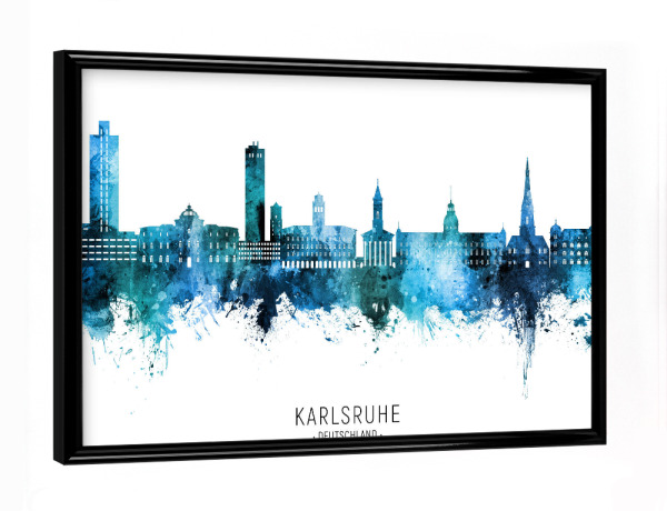 Poster mit schwarzem Rahmen "Karlsruhe Skyline Blue Name" artboxONE - Städte