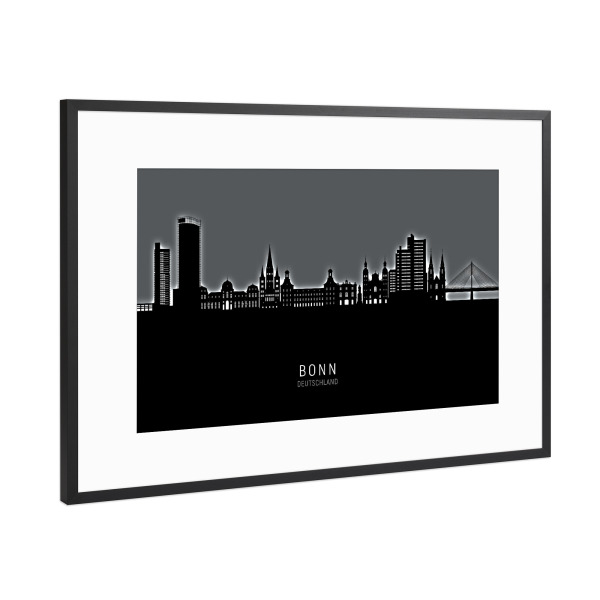 Poster mit Rahmen Schwarz (Metallic) "Bonn Germany Skyline Glow White" artboxONE - Städte,Schwarzweiß