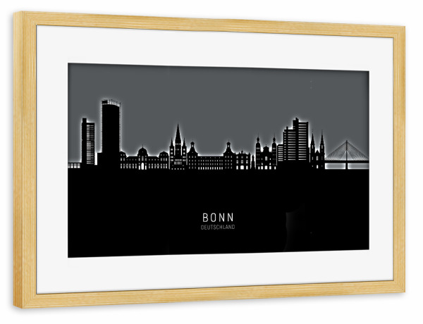 Poster mit Rahmen kiefer "Bonn Germany Skyline Glow White" artboxONE - Städte,Schwarzweiß