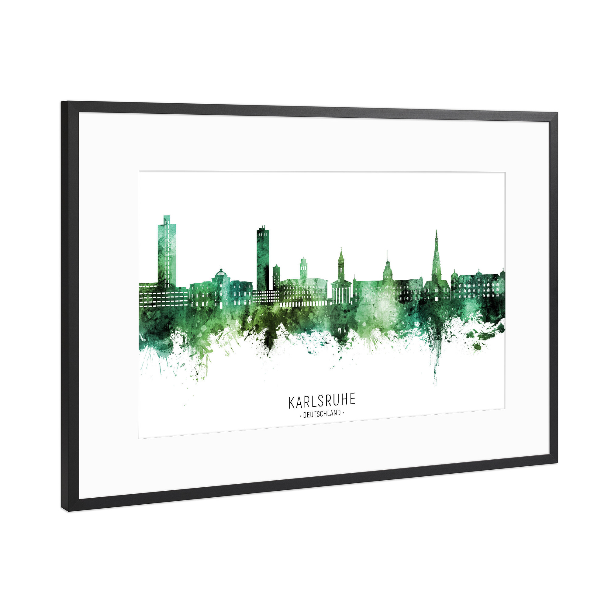 Poster mit Rahmen Schwarz (Metallic) "Karlsruhe Skyline Green Name" artboxONE - Städte