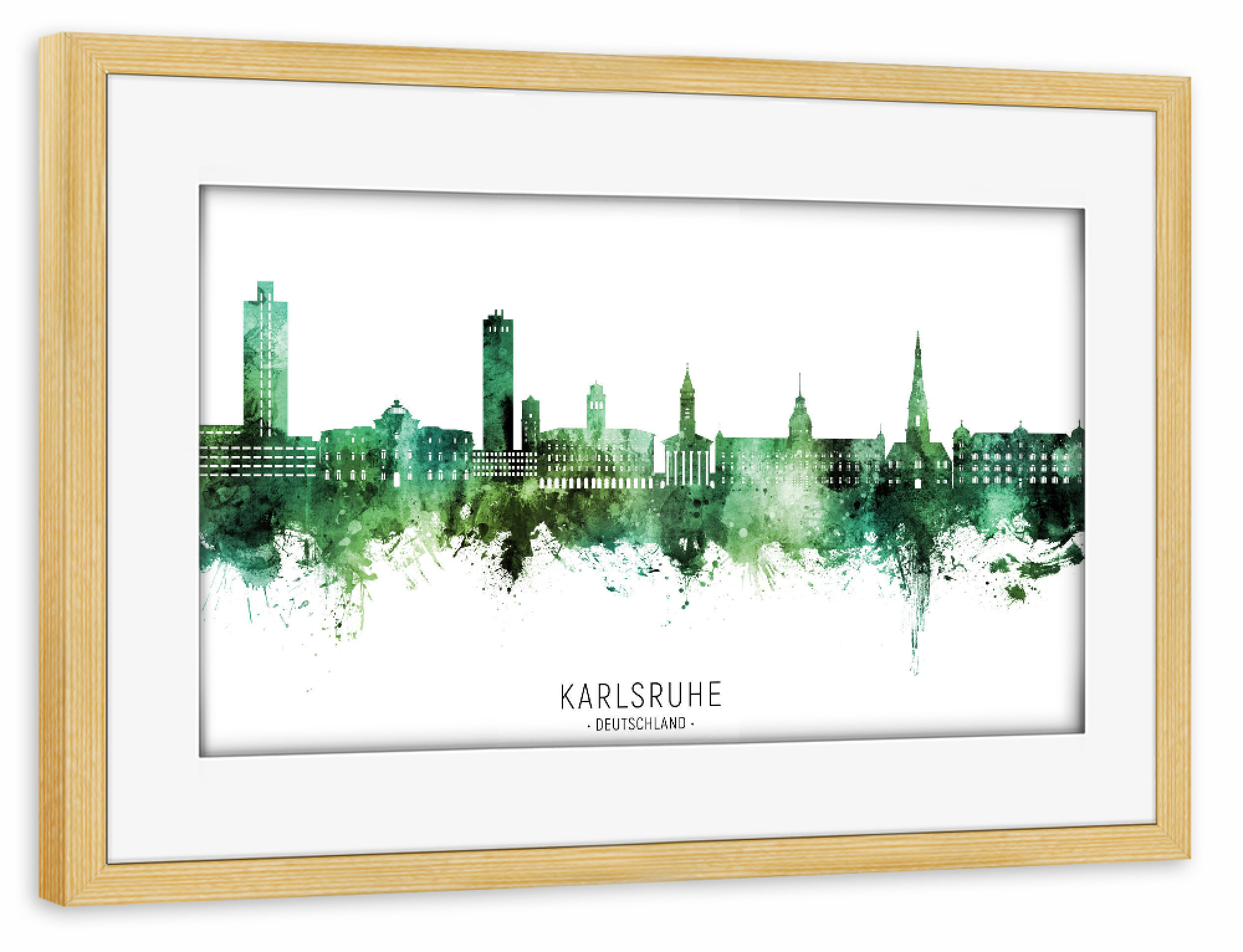 Poster mit Rahmen kiefer "Karlsruhe Skyline Green Name" artboxONE - Städte